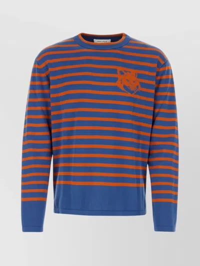 Maison Kitsuné Embroidered Stripes Cotton Sweater In Blue