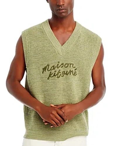 Maison Kitsuné Embroidered Sweater Vest In Khaki Green