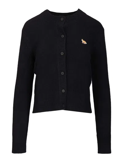 Maison Kitsuné Ex 0329 Baby Fox Lambswool Fitted Cardigan Knitwear Blue In Black