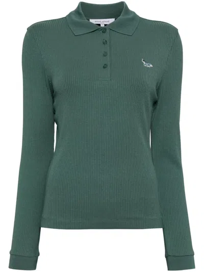 Maison Kitsuné Fine-ribbed Long-sleeved Polo Shirt In Green