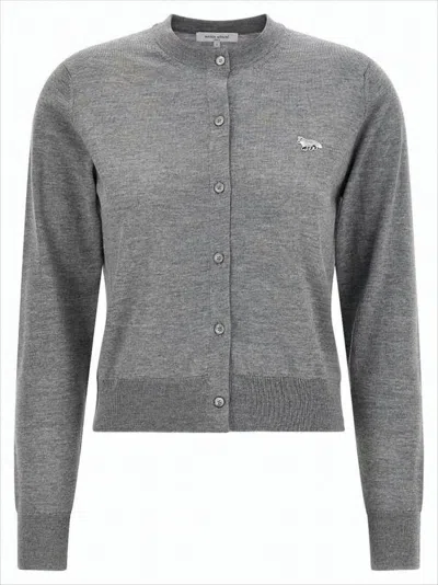 Maison Kitsuné Finely Knit Wool Cardigan With Classic Button-down Front In Gray