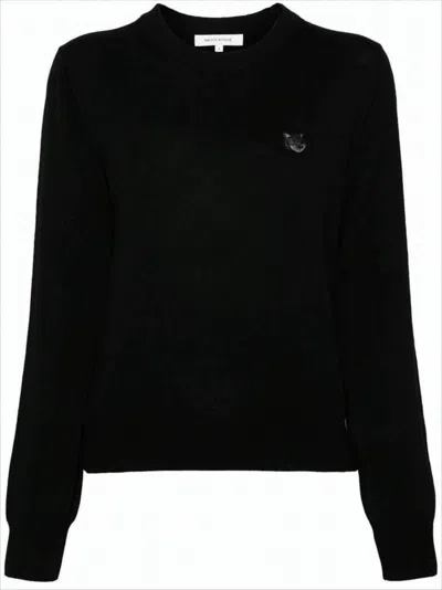 Maison Kitsuné Fitted Long-sleeve Wool Sweater With Embroidered Emblem In Black