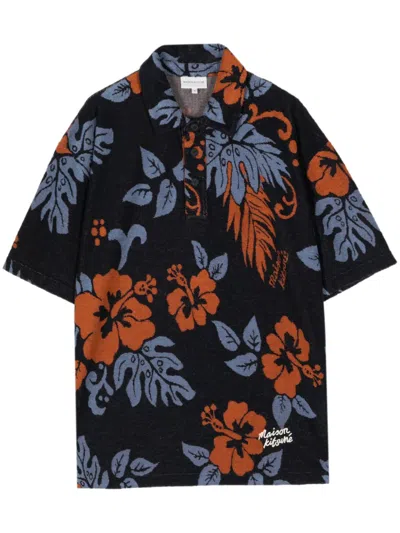 Maison Kitsuné Floral-print Towelling-finish Polo Shirt In Blue