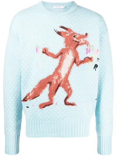 Maison Kitsuné Flower Fox Intarsia-knit Sweater In Blue
