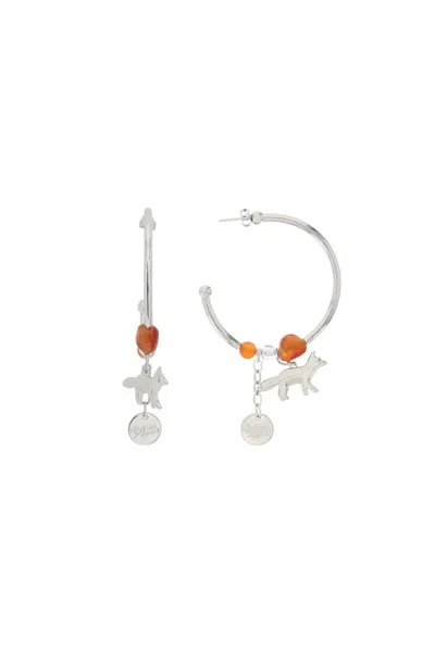 Maison Kitsuné Maison Kitsune Fox & Beads Hoop Earrings In 银，橙色