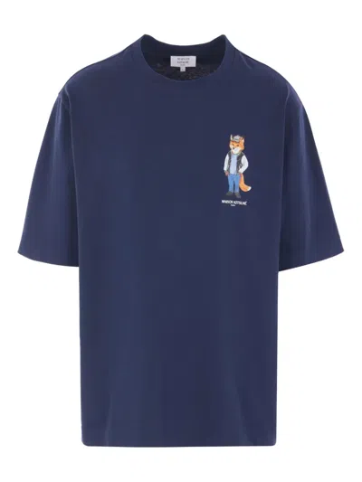 Maison Kitsuné Fox-embroidered Cotton T-shirt In Blue