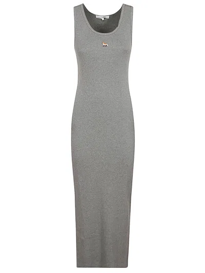 Maison Kitsuné Fox-motif Ribbed Midi Dress In Grey