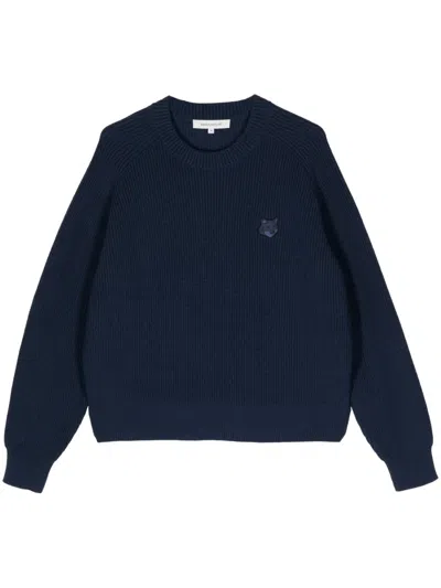 Maison Kitsuné Fox Head-appliqué Ribbed-knit Jumper In Blue