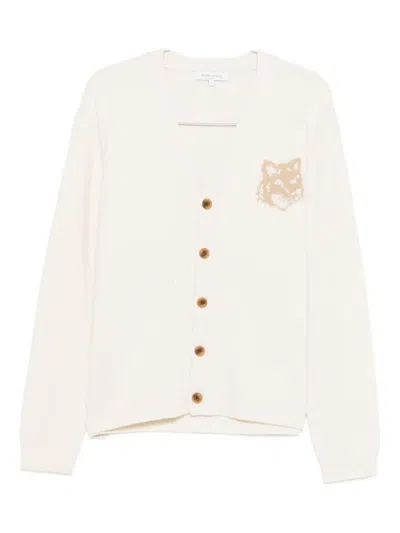 Maison Kitsuné Fox Head Intarsia Merino Cardigan Knitwear Beige In Neutral