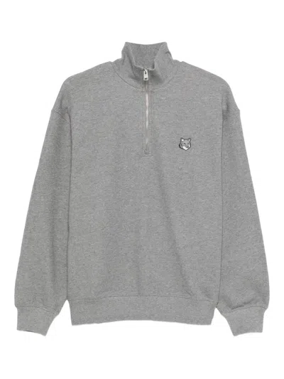 Maison Kitsuné Fox Head Comfort Half Zip Sweatshirt In Gray