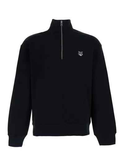 Maison Kitsuné Fox Head Comfort Half Zip Sweatshirt In Black