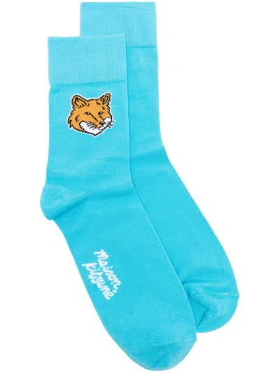 Maison Kitsuné Fox Head Cotton Socks In Blue
