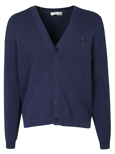 Maison Kitsuné Fox Head Embroidered Knit Cardigan In Ink Blue