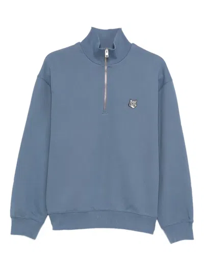 Maison Kitsuné Cotton Sweatshirt With High Collar And Ribbed Cuffs In Blue