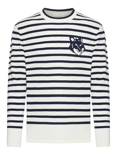 Maison Kitsuné Fox Head Striped Cotton Sweater In Blue