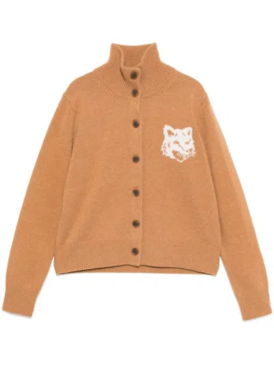 Maison Kitsuné Orange Fox Head Intarsia High Neck Cardigan In P270 Sequoia