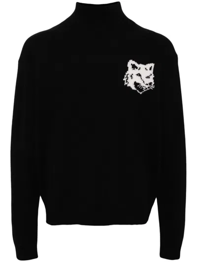 Maison Kitsuné Maison Kitsune Fox Head Intarsia High-neck Jumper In Black