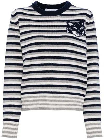 Maison Kitsuné Blue & Off-white Fox Head Intarsia Striped Sweater In Multi