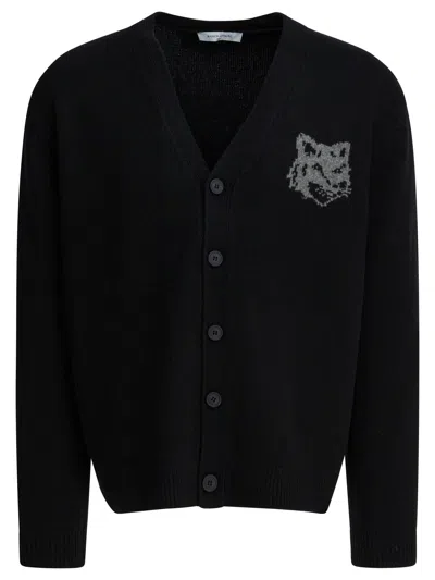 Maison Kitsuné Fox Head Intarsia Merino Cardigan In Black