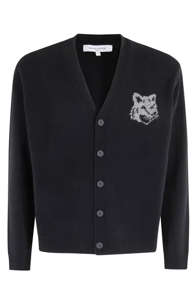 Maison Kitsuné Fox Head Intarsia Merino Cardigan In Black