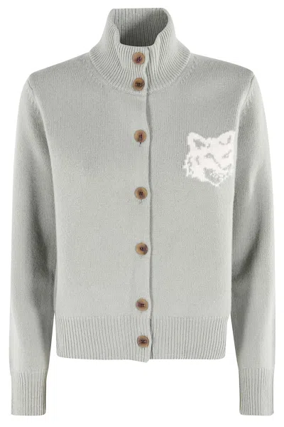 Maison Kitsuné Fox Head Intarsia Merino High Neck Cardigan In Green