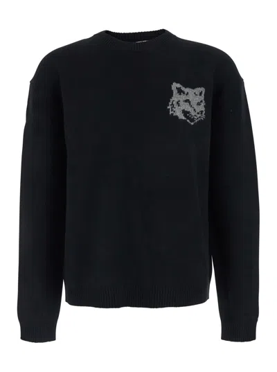 MAISON KITSUNÉ BLACK CREWNECK SWEATER WITH DROPPED SHOULDERS AND LOGO EMBROIDERY ON THE FRONT IN WOOL MAN