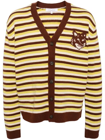 Maison Kitsuné Fox Head Intarsia Striped Cardigan In Green