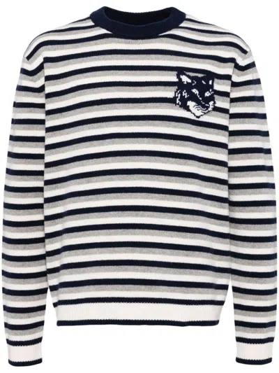 Maison Kitsuné Maison Kitsune Fox Head Stripe Knit Jumper Navy
