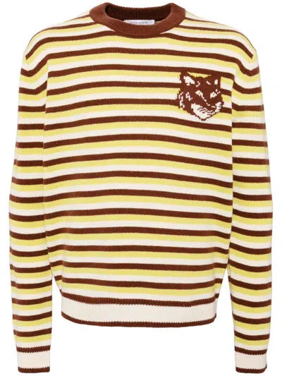 Maison Kitsuné Fox Head Intarsia Striped Jumper In Green