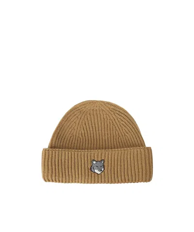 Maison Kitsuné Fox Head Large Beanie In Brown