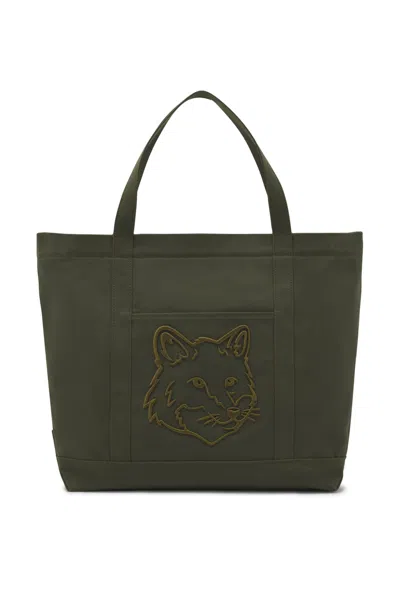 Maison Kitsuné Fox Head Large Tote In Military Green