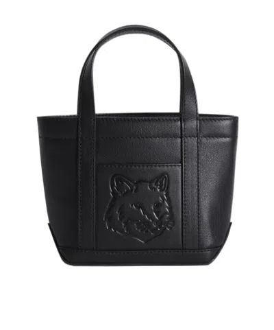 Maison Kitsuné Fox Head Leather Mini Tote In Black