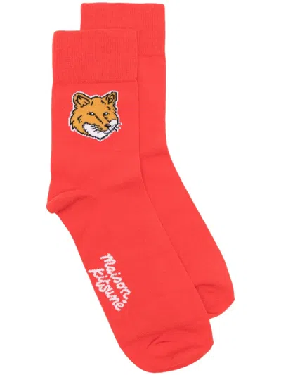 Maison Kitsuné Fox Head Logo-intarsia Socks In Red