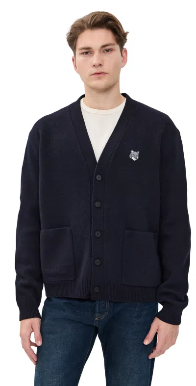Maison Kitsuné Fox Head Milano Lambswool Cardigan Classic Navy In Blue