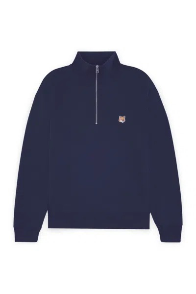 Maison Kitsuné Fox Head Patch Comfort Half Zip Sweatshirt In Blue