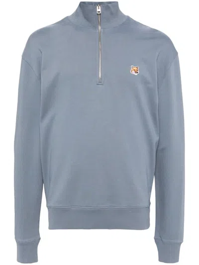 Maison Kitsuné Fox Head-patch Half-zip Sweatshirt In Blue