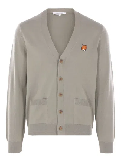 Maison Kitsuné Fox-head Patch Pocket Cardigan In Gray