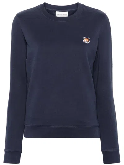 MAISON KITSUNÉ BLUE CREWNECK SWEATER WITH FOX HEAD LOGO PATCH ON THE FRONT IN COTTON WOMAN