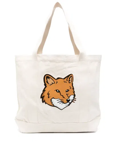 Maison Kitsuné Fox Head-print Cotton Tote In Neutral
