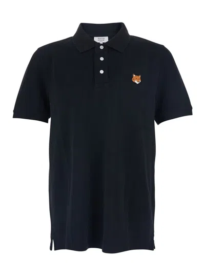 MAISON KITSUNÉ BLACK POLO SHIRT WITH CLASSIC COLLAR AND LOGO EMBROIDERY ON THE FRONT IN COTTON MAN