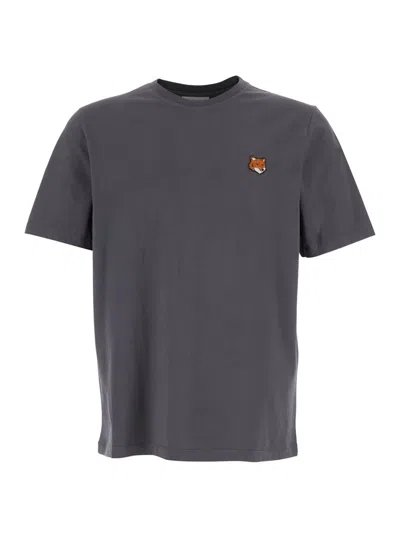 MAISON KITSUNÉ GREY T-SHIRT WITH FOX HEAD PATCH IN COTTON MAN