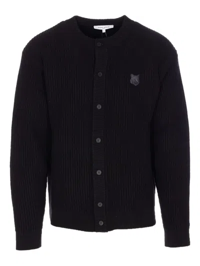Maison Kitsuné Ribbed Long Sleeve Crewneck Cardigan In Gray