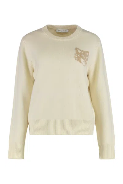 Maison Kitsuné Fox Head Wool Crewneck Jumper In Neutral