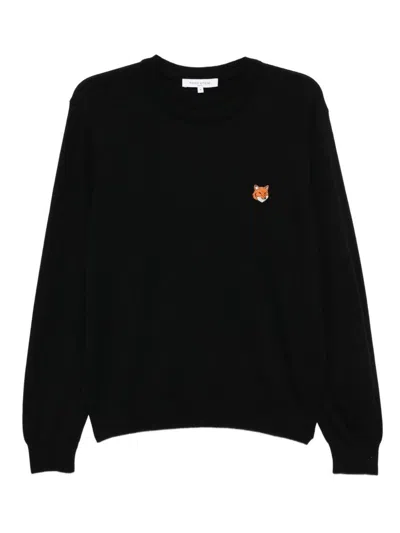 Maison Kitsuné Fox Head Wool Crewneck Sweater In Black
