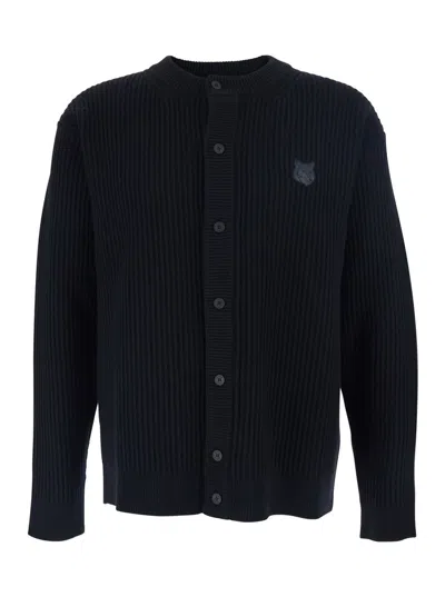 MAISON KITSUNÉ BLACK RIBBED CREW NECK SWEATER WITH FRONT LOGO PATCH IN COTTON MAN