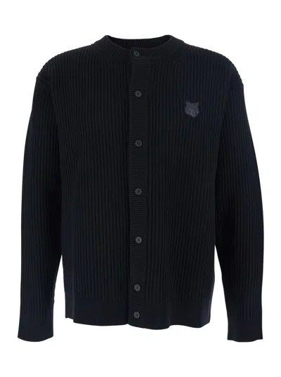 MAISON KITSUNÉ BLACK RIBBED CREW NECK SWEATER WITH FRONT LOGO PATCH IN COTTON MAN