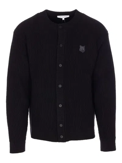 MAISON KITSUNÉ FOX HEAD WOOL RIBBED CARDIGAN