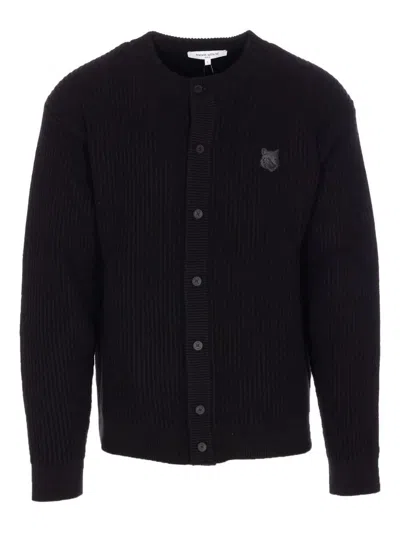 Maison Kitsuné "fox Head" Wool Ribbed Cardigan Clothing In Black