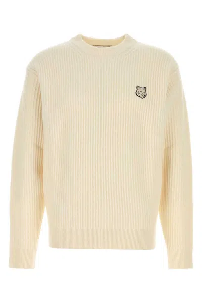 Maison Kitsuné Fox Head Wool Ribbed Jumper For Men In Neutral