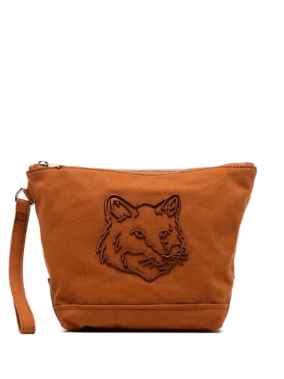 Maison Kitsuné Fox Head Zipped Pouch In Brown